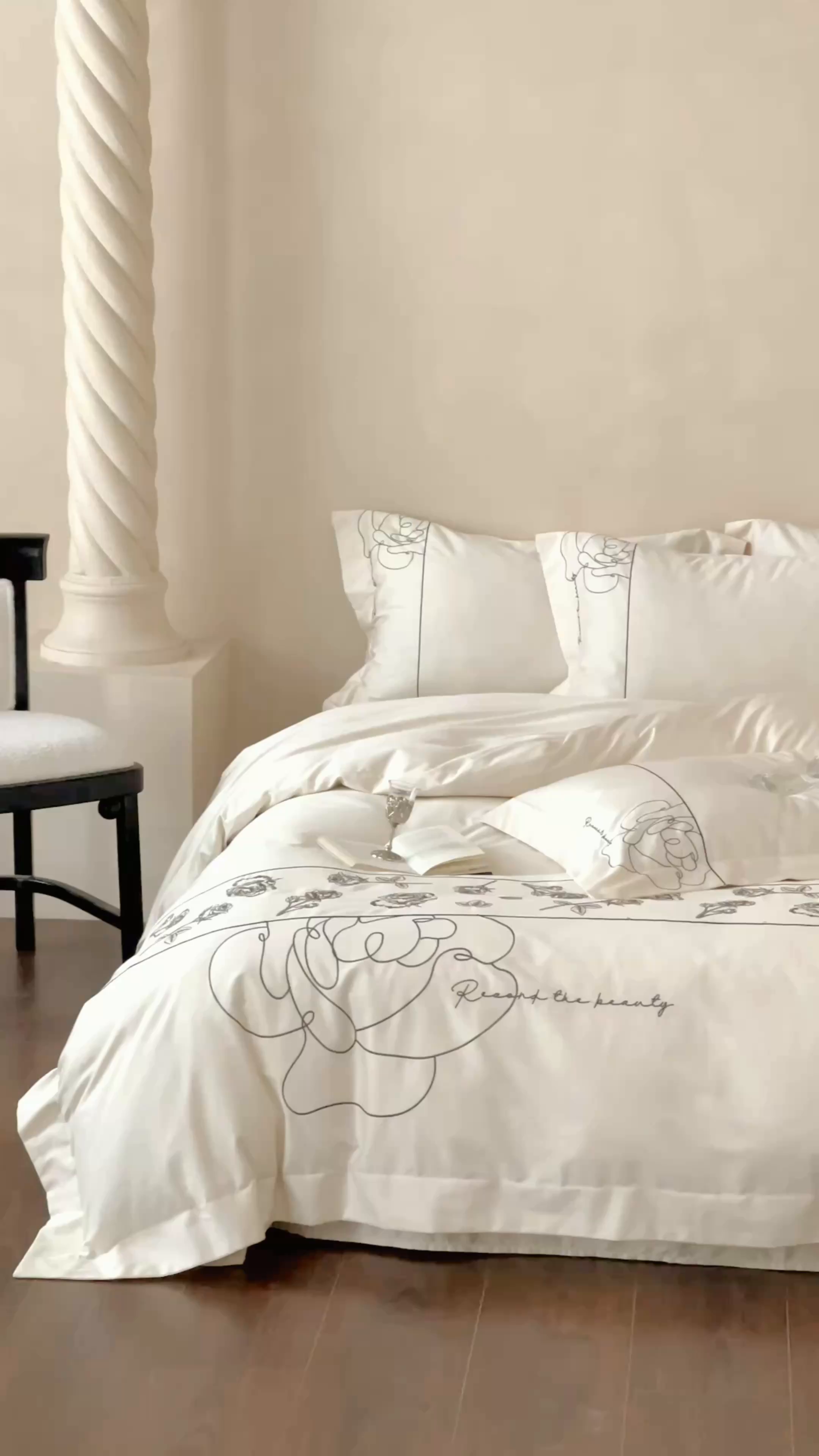 91家纺网 家纺一手货源 找家纺 艾莱家纺 2025春夏新款A类100S长绒棉全棉纯棉四件套-小野玫瑰 小野玫瑰-奶昔白