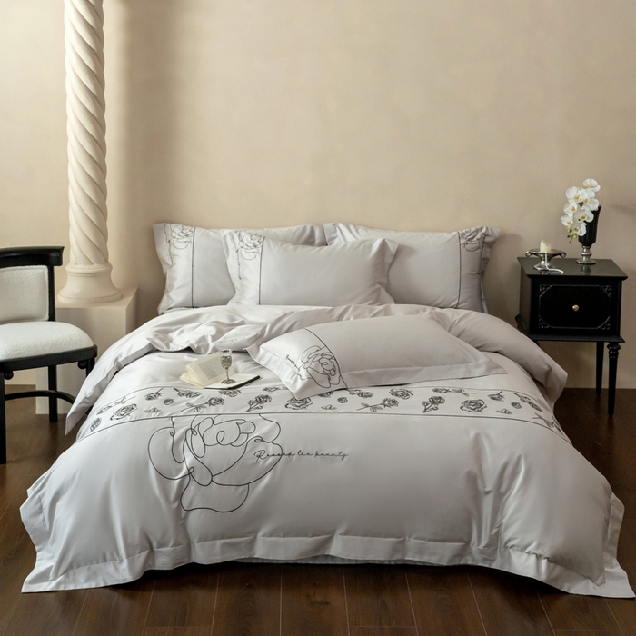 艾莱家纺 2025春夏新款A类100S长绒棉全棉纯棉四件套-小野玫瑰 小野玫瑰-浅灰灰
