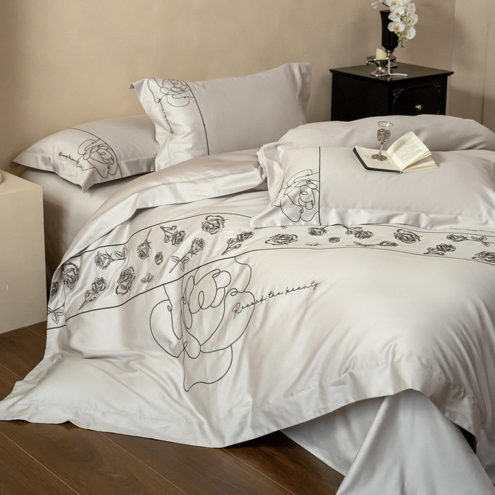 91家纺网 家纺一手货源 找家纺 艾莱家纺 2025春夏新款A类100S长绒棉全棉纯棉四件套-小野玫瑰 小野玫瑰-浅灰灰