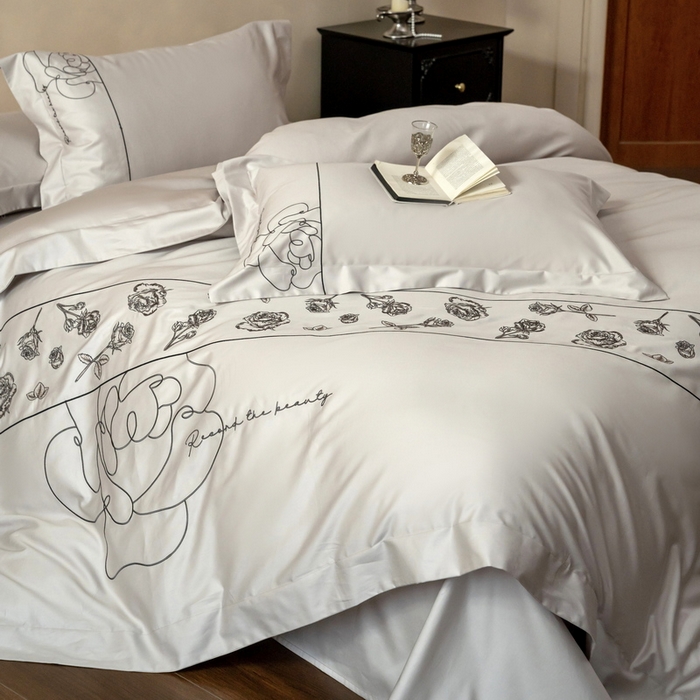 91家纺网 家纺一手货源 找家纺 艾莱家纺 2025春夏新款A类100S长绒棉全棉纯棉四件套-小野玫瑰 小野玫瑰-浅灰灰