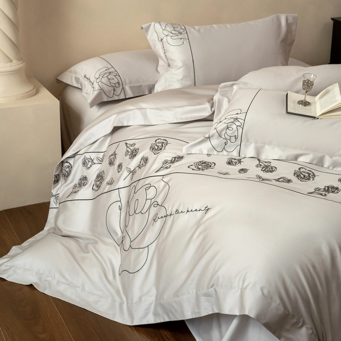 91家纺网 家纺一手货源 找家纺 艾莱家纺 2025春夏新款A类100S长绒棉全棉纯棉四件套-小野玫瑰 小野玫瑰-浅灰灰