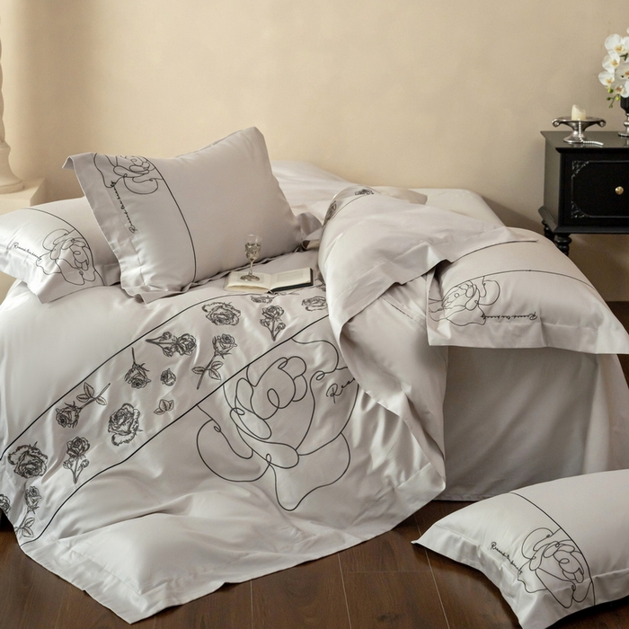 91家纺网 家纺一手货源 找家纺 艾莱家纺 2025春夏新款A类100S长绒棉全棉纯棉四件套-小野玫瑰 小野玫瑰-浅灰灰