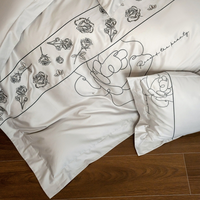 91家纺网 家纺一手货源 找家纺 艾莱家纺 2025春夏新款A类100S长绒棉全棉纯棉四件套-小野玫瑰 小野玫瑰-浅灰灰