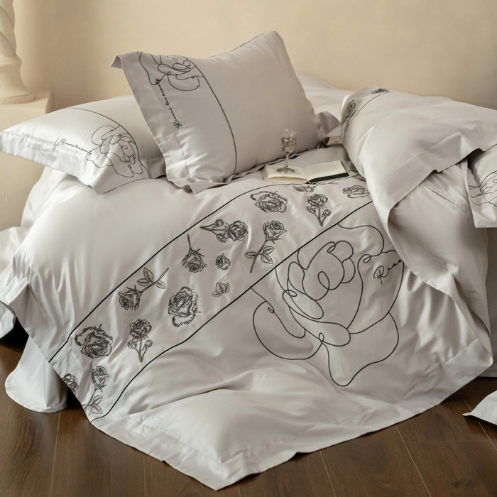 91家纺网 家纺一手货源 找家纺 艾莱家纺 2025春夏新款A类100S长绒棉全棉纯棉四件套-小野玫瑰 小野玫瑰-浅灰灰