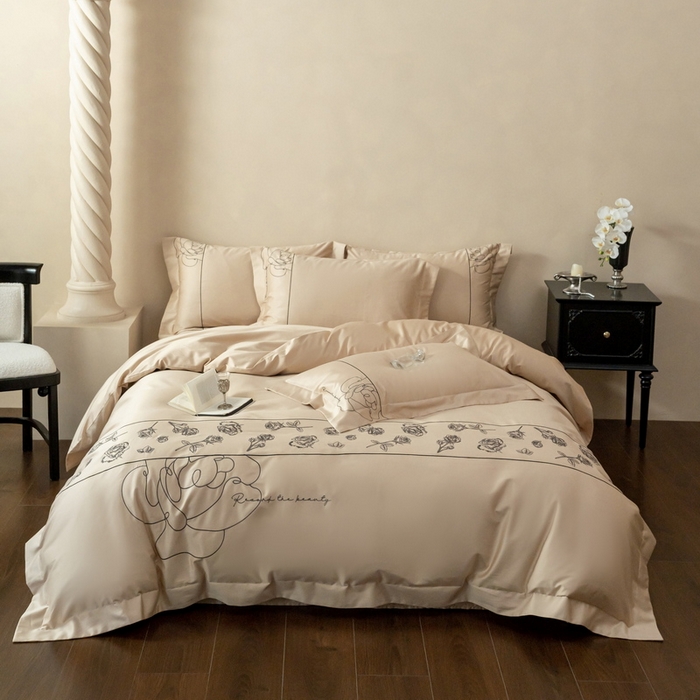 艾莱家纺 2025春夏新款A类100S长绒棉全棉纯棉四件套-小野玫瑰 小野玫瑰-浅香槟