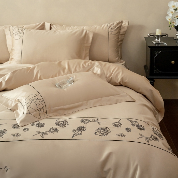 91家纺网 家纺一手货源 找家纺 艾莱家纺 2025春夏新款A类100S长绒棉全棉纯棉四件套-小野玫瑰 小野玫瑰-浅香槟