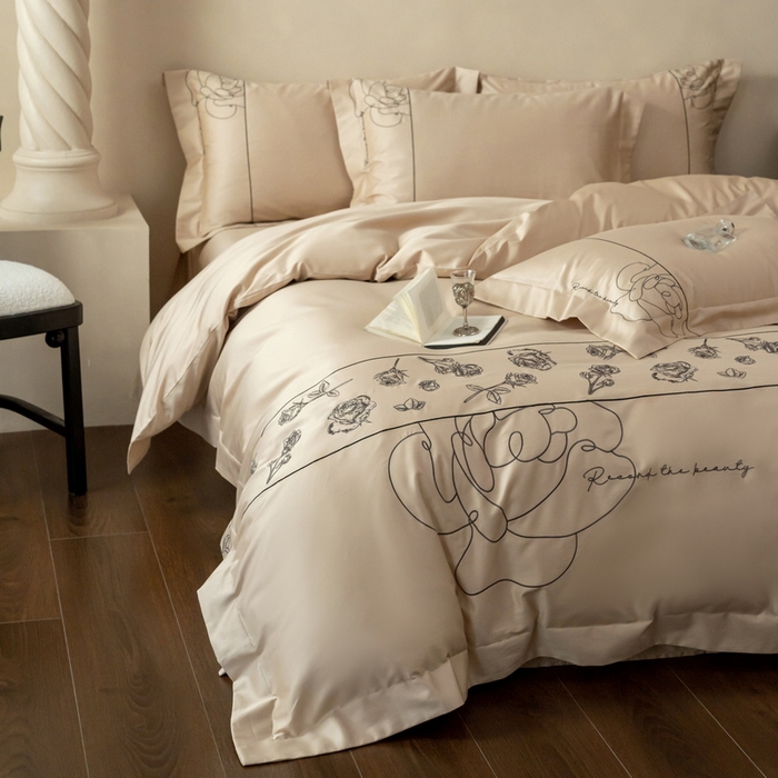 91家纺网 家纺一手货源 找家纺 艾莱家纺 2025春夏新款A类100S长绒棉全棉纯棉四件套-小野玫瑰 小野玫瑰-浅香槟