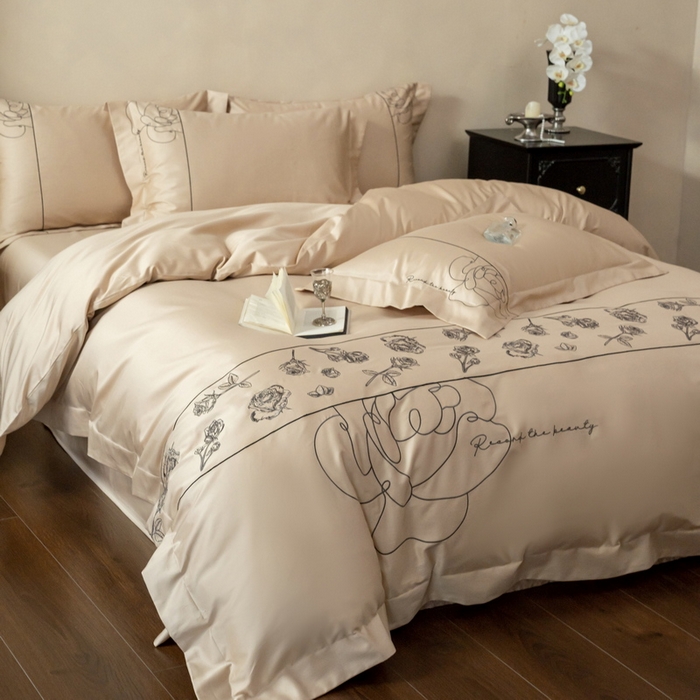 91家纺网 家纺一手货源 找家纺 艾莱家纺 2025春夏新款A类100S长绒棉全棉纯棉四件套-小野玫瑰 小野玫瑰-浅香槟