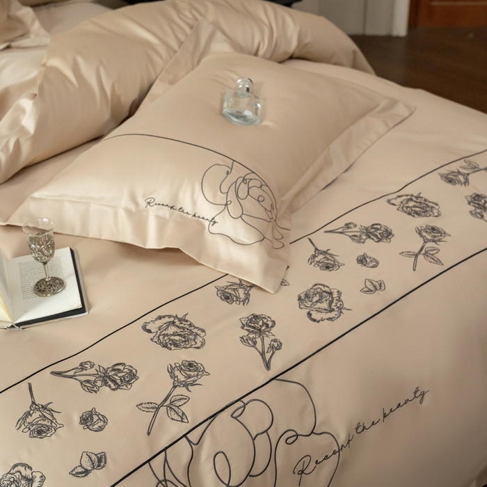 91家纺网 家纺一手货源 找家纺 艾莱家纺 2025春夏新款A类100S长绒棉全棉纯棉四件套-小野玫瑰 小野玫瑰-浅香槟