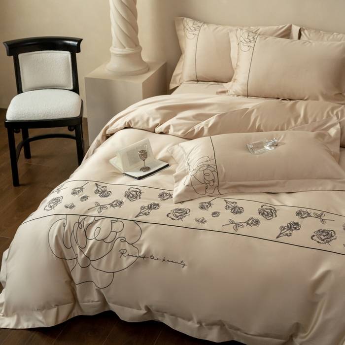 91家纺网 家纺一手货源 找家纺 艾莱家纺 2025春夏新款A类100S长绒棉全棉纯棉四件套-小野玫瑰 小野玫瑰-浅香槟