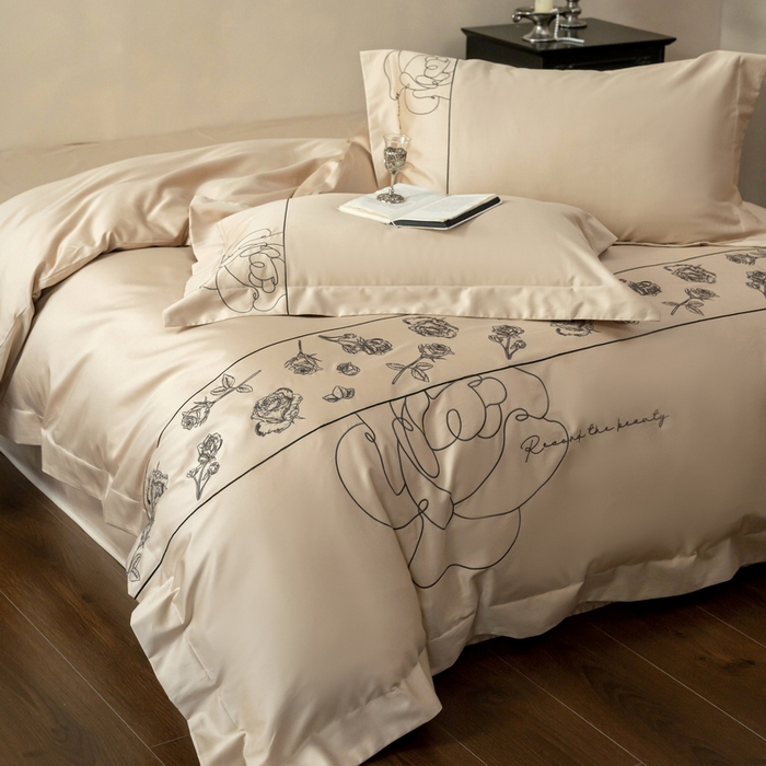 91家纺网 家纺一手货源 找家纺 艾莱家纺 2025春夏新款A类100S长绒棉全棉纯棉四件套-小野玫瑰 小野玫瑰-浅香槟