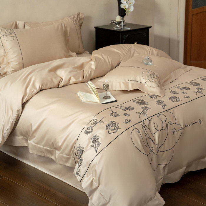 91家纺网 家纺一手货源 找家纺 艾莱家纺 2025春夏新款A类100S长绒棉全棉纯棉四件套-小野玫瑰 小野玫瑰-浅香槟