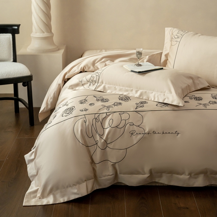 91家纺网 家纺一手货源 找家纺 艾莱家纺 2025春夏新款A类100S长绒棉全棉纯棉四件套-小野玫瑰 小野玫瑰-浅香槟