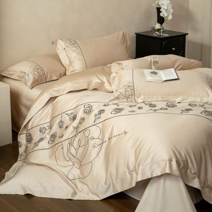 91家纺网 家纺一手货源 找家纺 艾莱家纺 2025春夏新款A类100S长绒棉全棉纯棉四件套-小野玫瑰 小野玫瑰-浅香槟