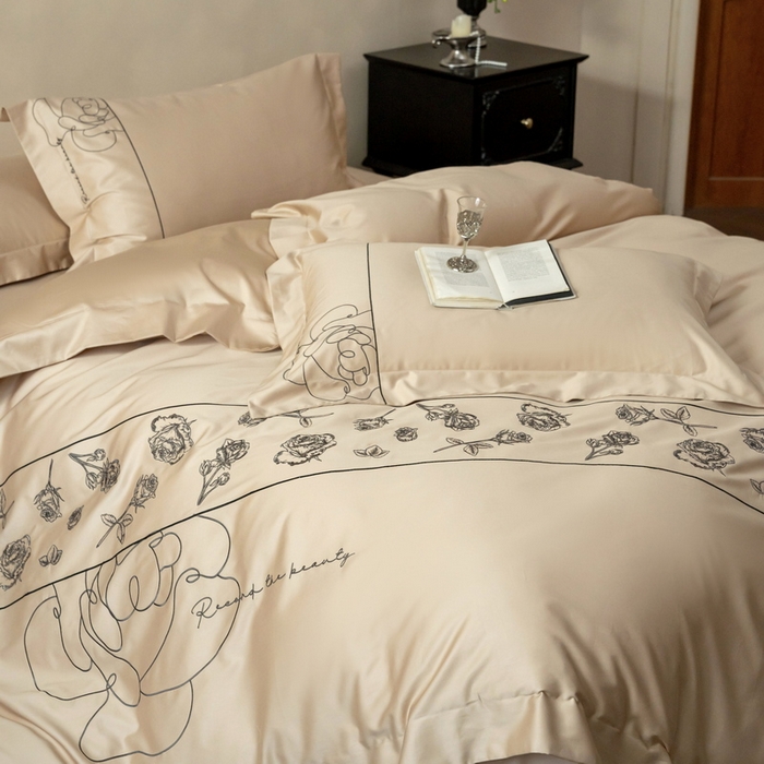 91家纺网 家纺一手货源 找家纺 艾莱家纺 2025春夏新款A类100S长绒棉全棉纯棉四件套-小野玫瑰 小野玫瑰-浅香槟