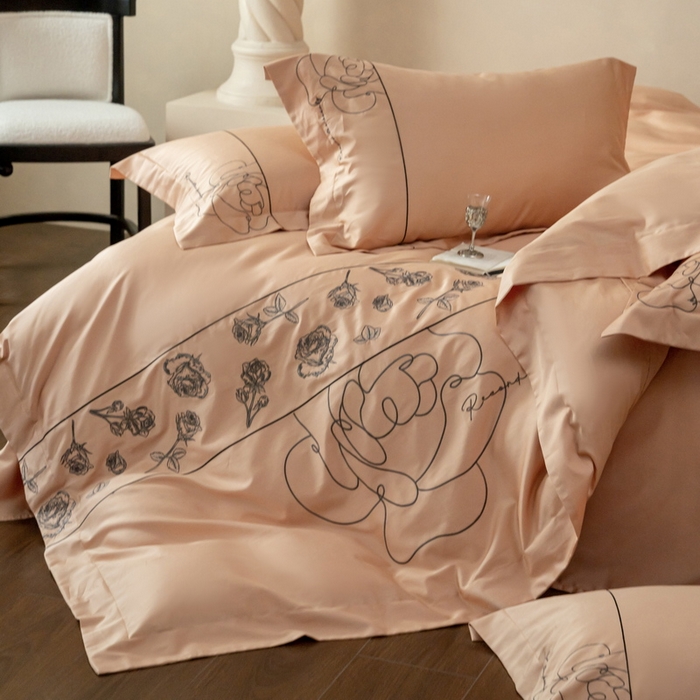 91家纺网 家纺一手货源 找家纺 艾莱家纺 2025春夏新款A类100S长绒棉全棉纯棉四件套-小野玫瑰 小野玫瑰-如意橙