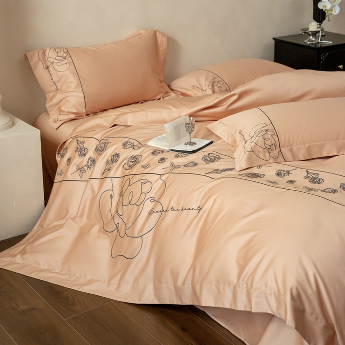 91家纺网 家纺一手货源 找家纺 艾莱家纺 2025春夏新款A类100S长绒棉全棉纯棉四件套-小野玫瑰 小野玫瑰-如意橙