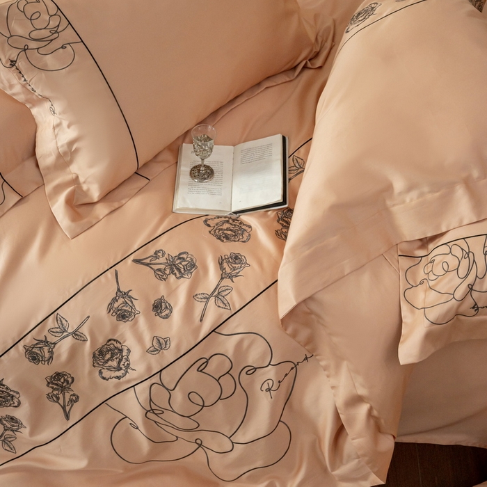 91家纺网 家纺一手货源 找家纺 艾莱家纺 2025春夏新款A类100S长绒棉全棉纯棉四件套-小野玫瑰 小野玫瑰-如意橙