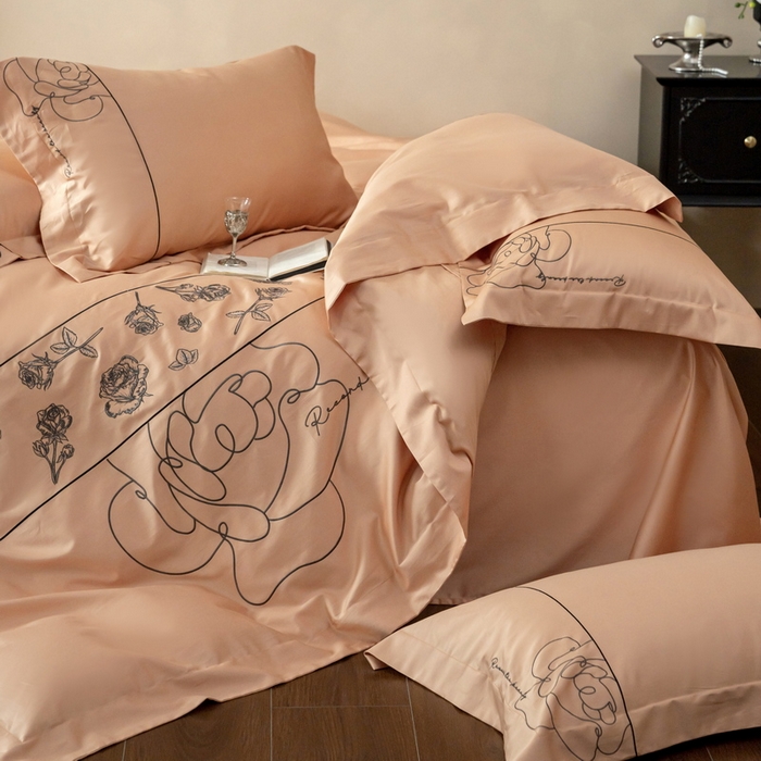 91家纺网 家纺一手货源 找家纺 艾莱家纺 2025春夏新款A类100S长绒棉全棉纯棉四件套-小野玫瑰 小野玫瑰-如意橙