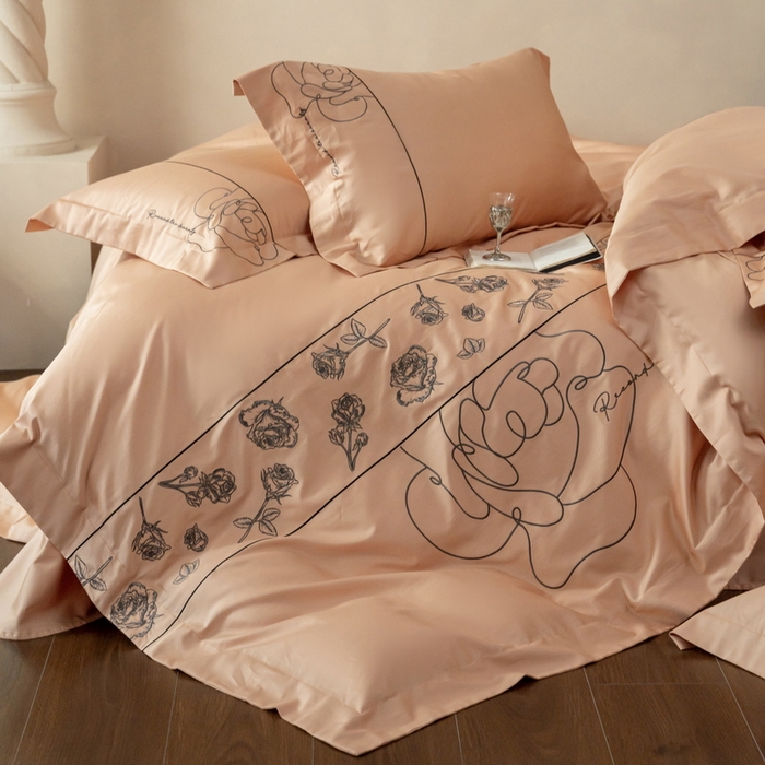 91家纺网 家纺一手货源 找家纺 艾莱家纺 2025春夏新款A类100S长绒棉全棉纯棉四件套-小野玫瑰 小野玫瑰-如意橙