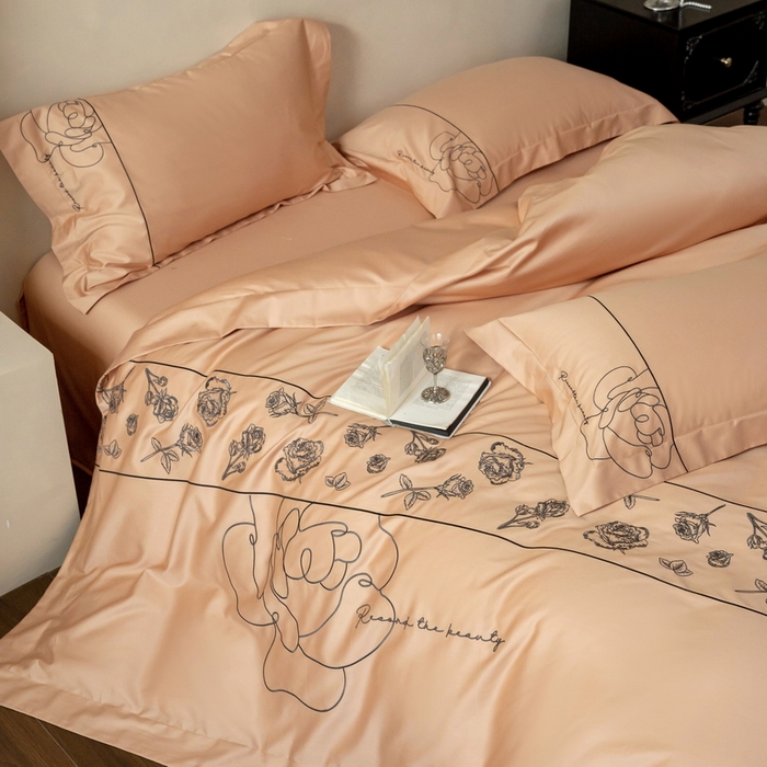 91家纺网 家纺一手货源 找家纺 艾莱家纺 2025春夏新款A类100S长绒棉全棉纯棉四件套-小野玫瑰 小野玫瑰-如意橙