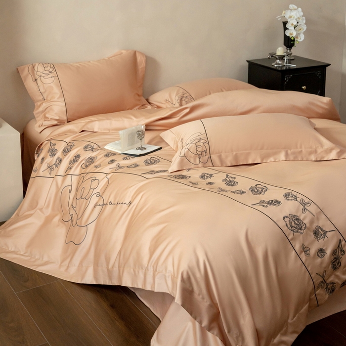 91家纺网 家纺一手货源 找家纺 艾莱家纺 2025春夏新款A类100S长绒棉全棉纯棉四件套-小野玫瑰 小野玫瑰-如意橙