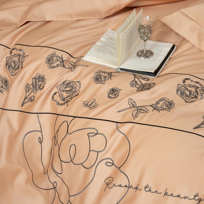 91家纺网 家纺一手货源 找家纺 艾莱家纺 2025春夏新款A类100S长绒棉全棉纯棉四件套-小野玫瑰 小野玫瑰-如意橙