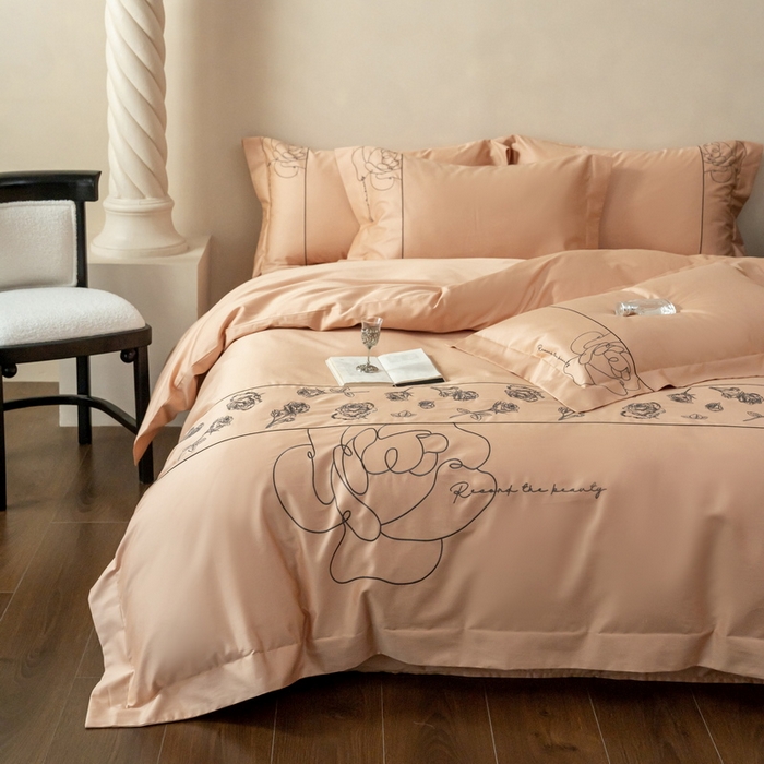 91家纺网 家纺一手货源 找家纺 艾莱家纺 2025春夏新款A类100S长绒棉全棉纯棉四件套-小野玫瑰 小野玫瑰-如意橙