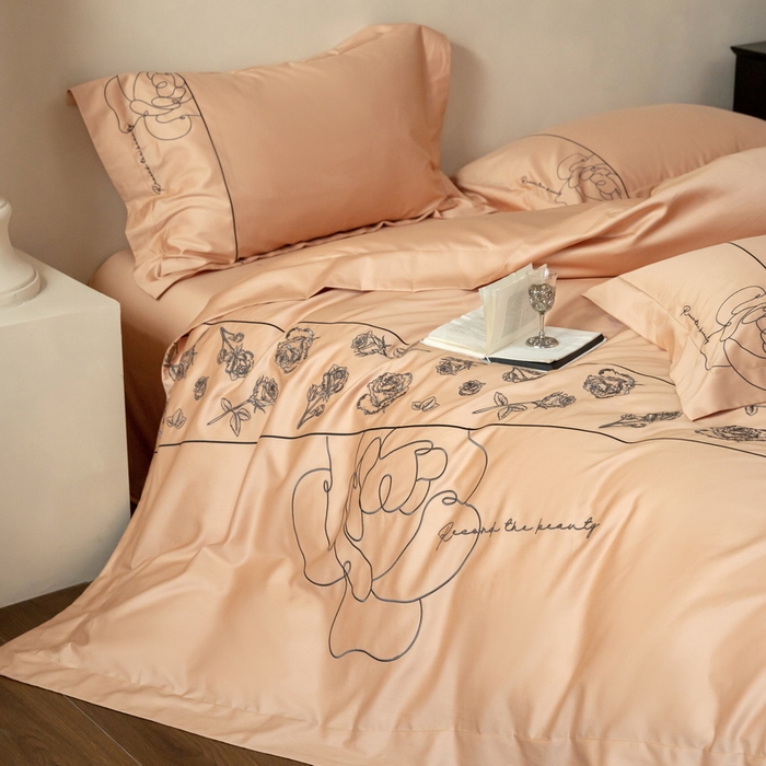 91家纺网 家纺一手货源 找家纺 艾莱家纺 2025春夏新款A类100S长绒棉全棉纯棉四件套-小野玫瑰 小野玫瑰-如意橙