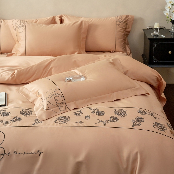 91家纺网 家纺一手货源 找家纺 艾莱家纺 2025春夏新款A类100S长绒棉全棉纯棉四件套-小野玫瑰 小野玫瑰-如意橙