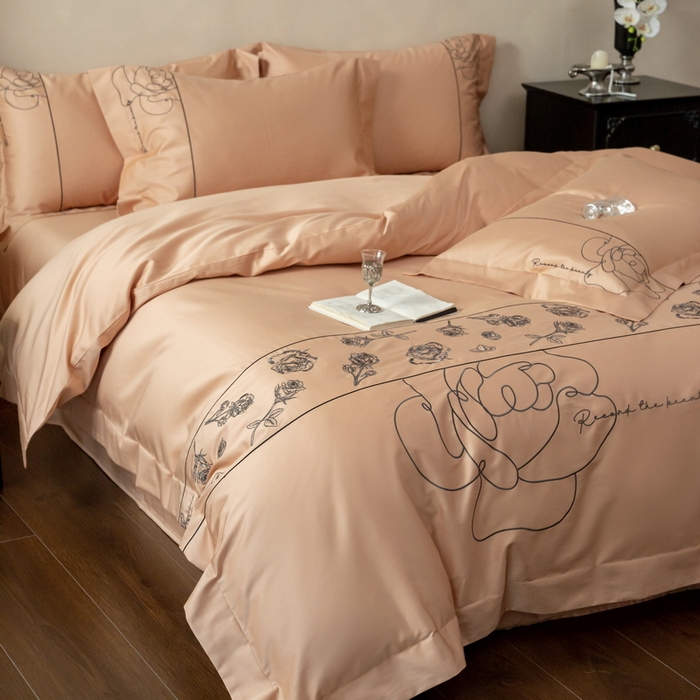 91家纺网 家纺一手货源 找家纺 艾莱家纺 2025春夏新款A类100S长绒棉全棉纯棉四件套-小野玫瑰 小野玫瑰-如意橙