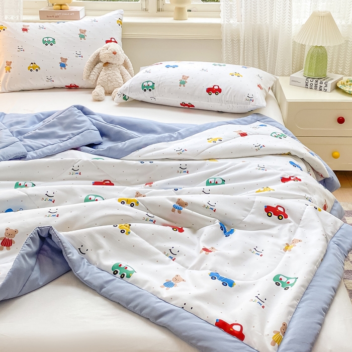 91家纺网 家纺一手货源 找家纺 穆琪 2025年新款手包边小清新夏凉被水洗棉夏凉被印花夏被 动感汽车