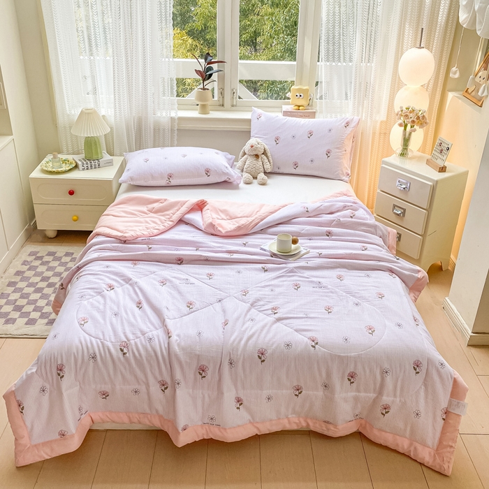 91家纺网 家纺一手货源 找家纺 穆琪 2025年新款手包边小清新夏凉被水洗棉夏凉被印花夏被 浮花