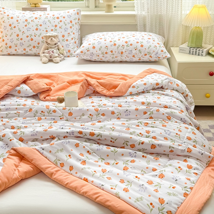 91家纺网 家纺一手货源 找家纺 穆琪 2025年新款手包边小清新夏凉被水洗棉夏凉被印花夏被 花满枝