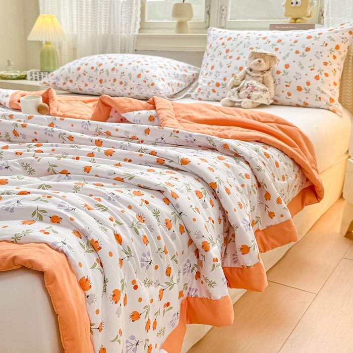 91家纺网 家纺一手货源 找家纺 穆琪 2025年新款手包边小清新夏凉被水洗棉夏凉被印花夏被 花满枝