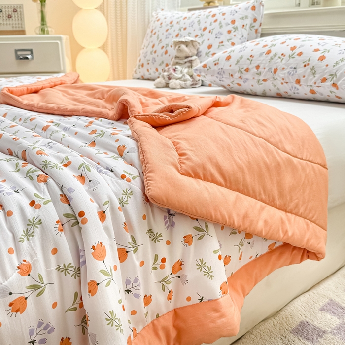 91家纺网 家纺一手货源 找家纺 穆琪 2025年新款手包边小清新夏凉被水洗棉夏凉被印花夏被 花满枝