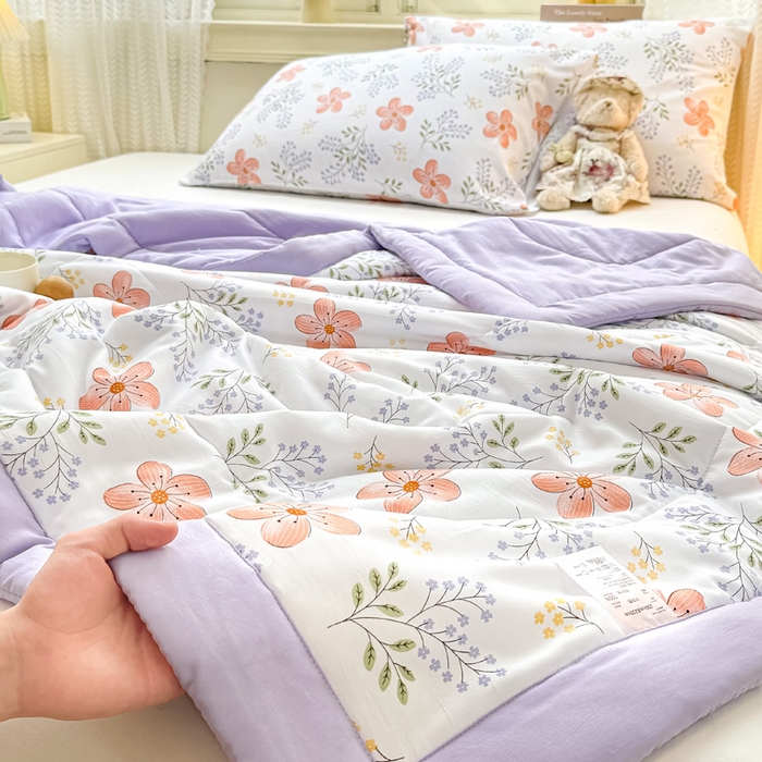 91家纺网 家纺一手货源 找家纺 穆琪 2025年新款手包边小清新夏凉被水洗棉夏凉被印花夏被 花颜