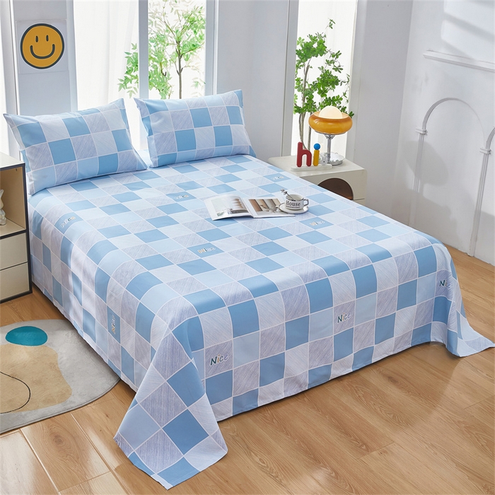 91家纺网 家纺一手货源 找家纺 雲归梦 2025新款原棉老粗布床单席子凉席印花三件套 方格世界-蓝