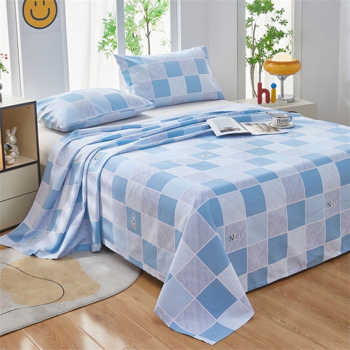 91家纺网 家纺一手货源 找家纺 雲归梦 2025新款原棉老粗布床单席子凉席印花三件套 方格世界-蓝