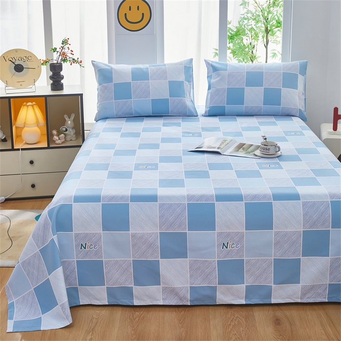 91家纺网 家纺一手货源 找家纺 雲归梦 2025新款原棉老粗布床单席子凉席印花三件套 方格世界-蓝