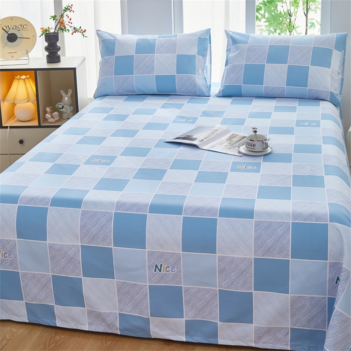 91家纺网 家纺一手货源 找家纺 雲归梦 2025新款原棉老粗布床单席子凉席印花三件套 方格世界-蓝