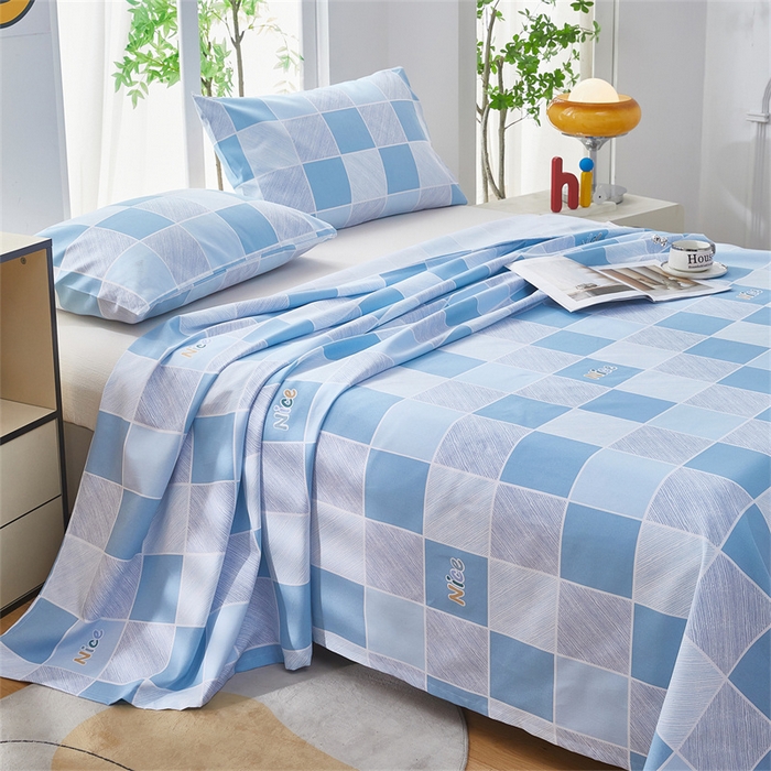 91家纺网 家纺一手货源 找家纺 雲归梦 2025新款原棉老粗布床单席子凉席印花三件套 方格世界-蓝