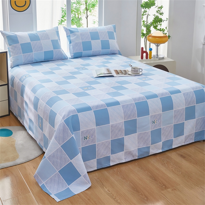 91家纺网 家纺一手货源 找家纺 雲归梦 2025新款原棉老粗布床单席子凉席印花三件套 方格世界-蓝