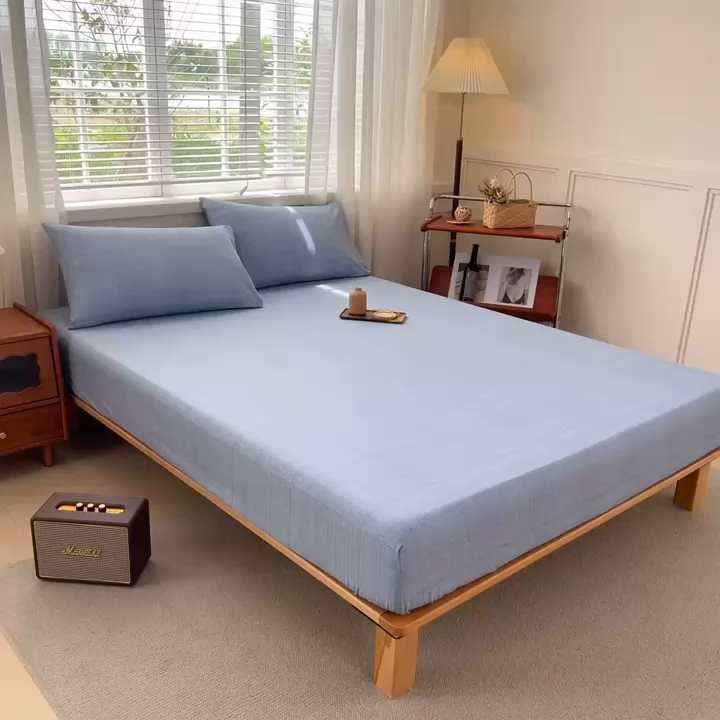 91家纺网 家纺一手货源 找家纺 义博家纺 2025新款纯棉老粗布床笠 海军蓝