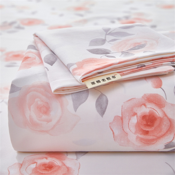 91家纺网 家纺一手货源 找家纺 雲归梦 2025新款原棉老粗布床单席子凉席印花三件套 风雅玫瑰-粉