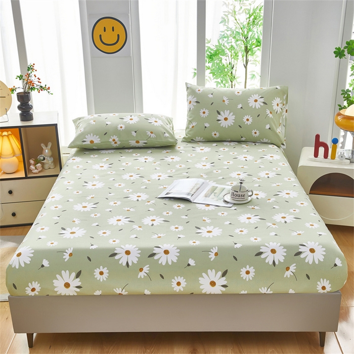 91家纺网 家纺一手货源 找家纺 雲归梦 2025新款原棉老粗布床单席子凉席印花三件套 菊香怡人-绿