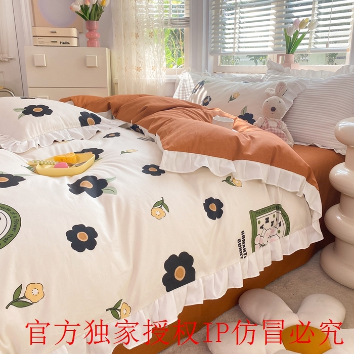 91家纺网 家纺一手货源 找家纺 玉元坊 2025春夏新款公主风全棉纯棉花边被套床单四件套 邦尼兔