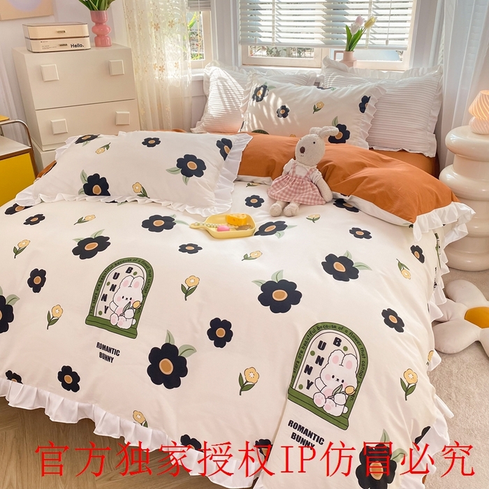 91家纺网 家纺一手货源 找家纺 玉元坊 2025春夏新款公主风全棉纯棉花边被套床单四件套 邦尼兔