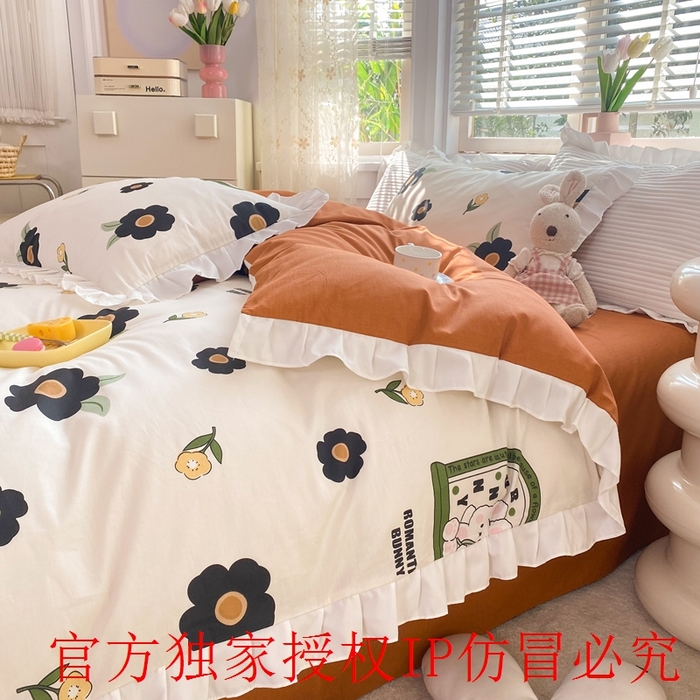 91家纺网 家纺一手货源 找家纺 玉元坊 2025春夏新款公主风全棉纯棉花边被套床单四件套 邦尼兔