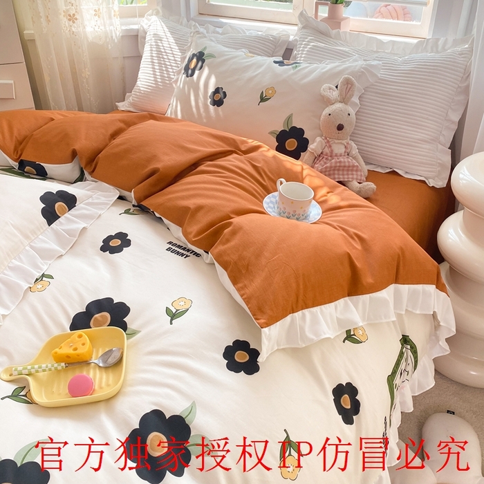 91家纺网 家纺一手货源 找家纺 玉元坊 2025春夏新款公主风全棉纯棉花边被套床单四件套 邦尼兔
